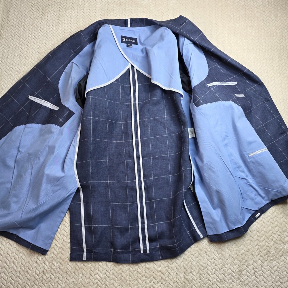 Cremieux Mens XXL Blue Windowpane 100% Linen Blazer Elbow Patches Sport Coat - Picture 12 of 13